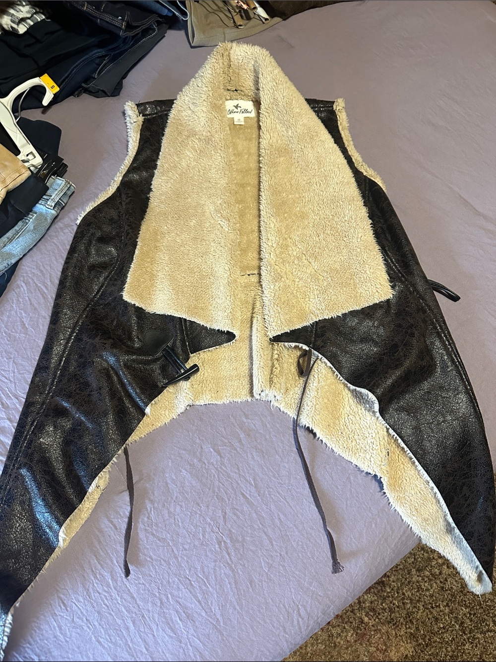 Black/Brown Faux Leather & Cream Faux Shearling Draped Vest